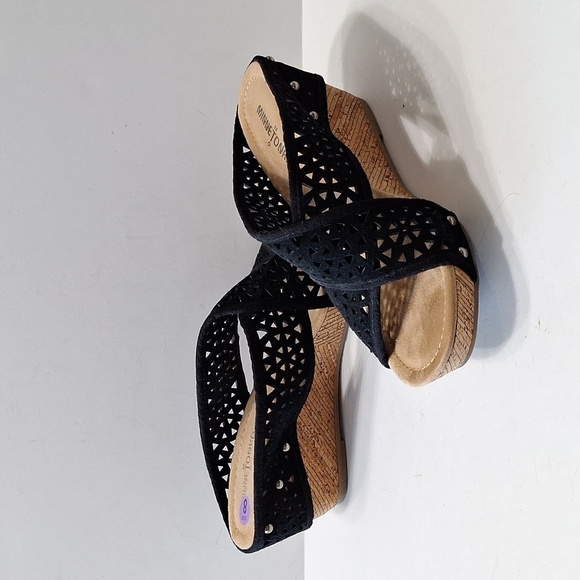 Minnetonka Black Tan Bohemian Lainey Boho Cut Out Suede Wedge Sandals Size 8 - Picture 8 of 12